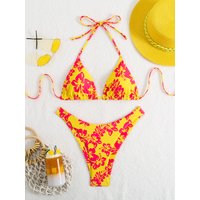 Summer retro floral print 2-piece bikini lace up swimsuit sexy high waisted women's swimsuit