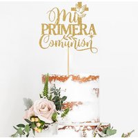 1pcs Spanish First Communion Cake Topper Personalized Gold Cross Religious Cake Decor God's Blessing Acrylic Birthday Party