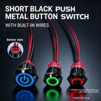 Push button /switch 16/19/22mm black short metal 6/12/24/220V self-locking reset latching with light with wire 15cm car on/off