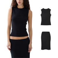 Cou Round-Neck Sleeveless Vest Set, Slim-Fit Short Knit Top, Waistband with Lace and Small Bow, Fishtail Mid-Length Skirt, Elastic Lace Waistband Low-Waist Skirt