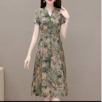Women's Retro Floral Print Qipao Dress Short Sleeve Manin Collar Midi Dress Casual Daily Summer Dress