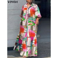 VONDA 2024 Bohemian Women Printed Dress Summer Elegant Long Sleeve Vintage Maxi Sundress Casual Loose Buttons Long Shirt Robe