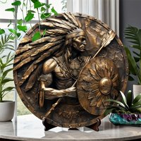 2D Flat "3D Bronze Native American Warrior with Headdress & Shield" Retro Round Metal Tin Sign - Indigenous Heritage Themed Wall