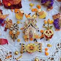 Spooky Halloween Collection 2020. Pumpkin candy hard enamel pin. Jack o lantern. Candycorn. Skull Lollipop.