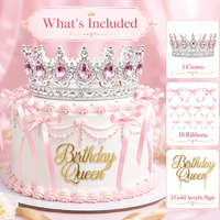 1set Pink Crystal Crown Cake Topper Set with "Birthday Queen" Acrylic Topper & Pink Ribbon Bows for Party Cake Decor Supplies