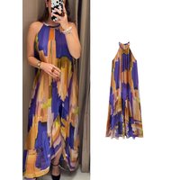 TFMLN Elegant Printed Halter Long Dress For Woman Loose Irregular Hem Sleeveless Robes Fashion Casual Vacation Style Dresses
