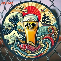 2D Flat "Asahi Beer Waves" 7.79" Round Aluminum Sign - Japanese Style, Bar Izakaya Decor, Beer Enthusiast Gift