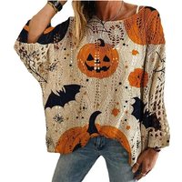 Halloween Sweater Women Pumpkin And Bat Printed Long Sleeve Loose Sweaters For Women Casual Jumper Christmas Pullover Tops