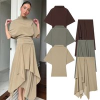 Women's Midi Waist Skirts Sets 2 Piece New 2026 Spring Summer High-Neck Slim Top and Asymmetric Flowing Skirts Female Outfit