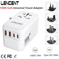 LENCENT 100W GaN Universal Travel Adapter with 2 QC4.0 USB+2 PD3.0 Type-C PPS Fast Charging EU/UK/USA/AUS multi plug for Travel