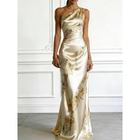 Sexy Off Shoulder Slim Fit Party Dress Casual Printed Pattern Holiday Long Dress Fashion Lady Slanted Neck High Waist Robe Dress