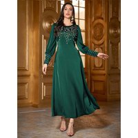 TOLEEN Women's solid color round-neck dress with rhinestone and sequin embellishments, elegant long-sleeved long dress