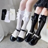 White Black Frilly JK Lolita Socks for Girls Pricess Bow Knee High Sock for Children Spring Summer Mesh Fishnet Kids Calf Sock