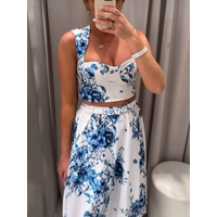 Women Fashion Skirts Set Sleeveless Printed Shorts Tops+Belt Decoration High Waist Zipper Long Skirts Women Autumn Suits