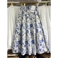 Blue Chinese Style Ceramic Floral Print Loose Casual Skirt High Waist A-Line Spring Summer Women's Fashion Polyester Blend