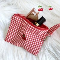 Popular Red Cherry Canvas Makeup Bag, Portable and Easy To Carry Red Plaid Large Capacity Cosmetic Lipstick Storage Bag