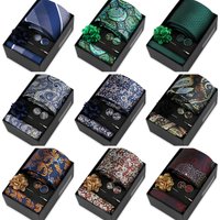 Men Tie Set With Box Flower Pin Luxury Necktie Handkerchief Brooch With Cufflinks Set Gift Box Wedding Men Suits Neck Gravatas