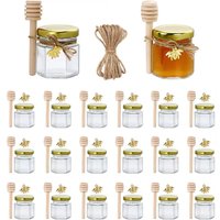 1.5Oz Sealed jar Hexagon Mini Glass Honey Jars with Bee Pendants,Jutes,Wood Dipper Jam Jars for Party Favors Wedding Baby Shower