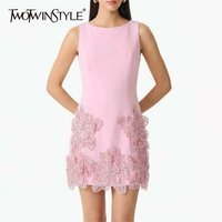 TWOTWINSTYLE Patchwork Floral Beading Dresses for Women O Neck Sleeveless High Waist Solid Mini Dress Female Fashion Clothes New
