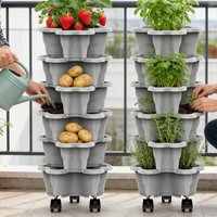Stackable Vertical Planter 6Tiers with Wheels Weatherproof Plastic Flower Pot Garden Towers for Vegetable Strawberry Planter