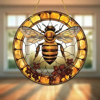Bee & Flower Stained Glass Garden Suncatcher - Animal Theme Birthday Decoration, Versatile Indoor/Outdoor Ornament for Garden,