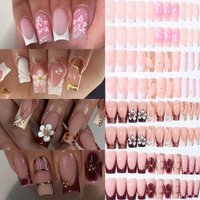 96Pcs(4Mixed)3D Three-Dimensional Gelnail Makes Flower Nails With Faux Pearl Decorate Design Square French Tip Press On Nails Lo
