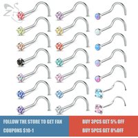 ZS 5-14pcs/lot Stainless Steel Nose Stud Set Colorful CZ Crystal Nose Piercings Screw S Shape Nostril Piercings Jewelry 18-20G