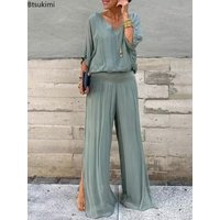 Women's Summer Solid 2 Piece Pant Sets 2026 V-neck Top Chiffon Long Pants Suit Elegant Loose Office Casual Female Matching Sets