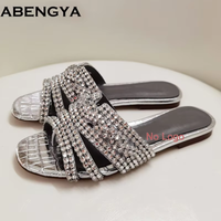 2025 Summer Chunky High Heels Women's Slippers Shiny Rhinestone Round Toe Sandalias Ladies Outdoor Vacation Beach Shoes Mujer