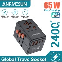 65W/45W/25W GaN Universal Travel Adapter with 2 USB 2 Type C Fast Charging All-in-one Travel Charger EU/UK/USA/AUS for Travel