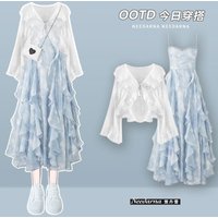 2024 Spring Summer Blouse Dress Sets For Women Long Sleeve Cardigan Top + Midi Skirts Suit Y2K