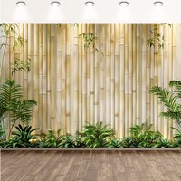 A modern bamboo fence background with grass and plants, suitable for home decoration and wedding event background cloth