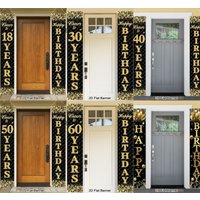 18/30/40/50/60th Black Gold Happy Birthday Door Banner Polyester Door Couplet Banner Birthday Decoration Set Party Supplies