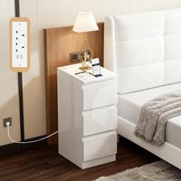 Side Table with Charging Station, Living Room End Sofa Side Table, Bedroom Narrow Nightstand with 3 Drawers, Bathroom Small Flo