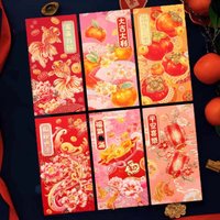 6pcs Household Hot Stamping Chinese New Year Red Envelope Mixed Pattern Solid Red Packet Rectangular Thickened HongBao 2025