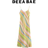DEEABAE 2026 Summer New Product Women's Bareback Design Printed Silk Texture Strap Long Midi Dress