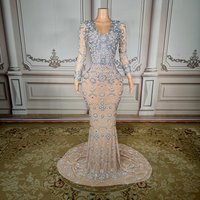 ZD Glamorous Rhinestone Embellished Nude Long Sleeve Gown Elegant Nude Rhinestone Beaded Long Sleeve Party Gown