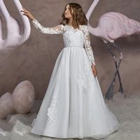 White Flower Girl Dresses Tulle Appliques Pattern Long Sleeve For Wedding Birthday Party First Communion Gowns