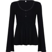 SUCHCUTE Women Solid Lace Trim Patchwork Button Flared Sleeves Shirt Casual V Neck Knit Top Y2k Aesthetic Fall Clothes Fairycore