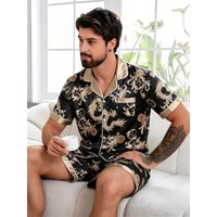 Men's Satin Pajama Set Paisley Print Short Sleeve Button Down Loungewear Sleepwear with Shorts Soft Silky Nightwear for Men
