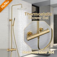 HuNiu Thermostatic Shower System Set Stainless Steel Bathroom Shower Set Bath Shower Faucet Set Rainfall Shower Set Brushed Gold