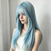 Eisblaue Perücke mit Pony, 24 Zoll, mittellanges glattes Haar, Lolita-Stil, natürlich aussehendes Haarband, hitzebeständige Fasern, synthetische Perücke