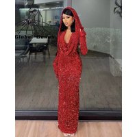 Sparkly Red Sequined Evening Gown 2026 Sweetheart Birthday Party Dress Mermaid Long Prom Dresses Full Sleeve Vestido Customized