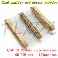 100PCS 1/4W Carbon Film Resistor 5% 0.25W 0R-22M 0 1 10 47 100 120 150 220 270 330 470 1K 3.3K 4.7K 10K 100K 470K 1M 10M 20M ohm