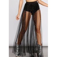 Mesh See Through Women's Skirt Mesh Big Hem Ankle Length Thin High Waist Elastic Waist Summer Shiny Sequin Solid Long Skirts