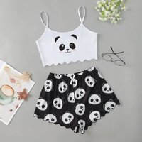 Women's Panda Print Sleepwear Summer Cute Soft Comfy Sexy Sleeveless Shorts Homewear Pajama Set Loungewear