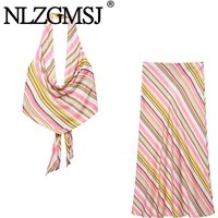 NLZGMSJ 2026 Summer Stripe Halter Sexy Chic Women Suit Camisole Top Long Straight Skirt New Fashion Holiday Beach Sets