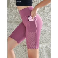 AliExpress OEING Women Sport Shorts High Waist Hip Lifting Gym Tight Cycling Shorts Leggings Phone Pocket Mesh Splice Running Fitness Yoga Shorts
