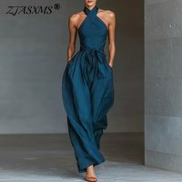 Spring Elegant Women's Jumpsuits and Rompers Casual Criss Cross Halter Backless Playsuits Summer High Waist Belted Slim Overalls