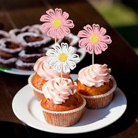 YOMDID 24Pcs Daisy Cake Toppers Glitter Daisy Flowers Cupcake Toppers Spring Wildflower Theme Easter Party Decorations Supplies
